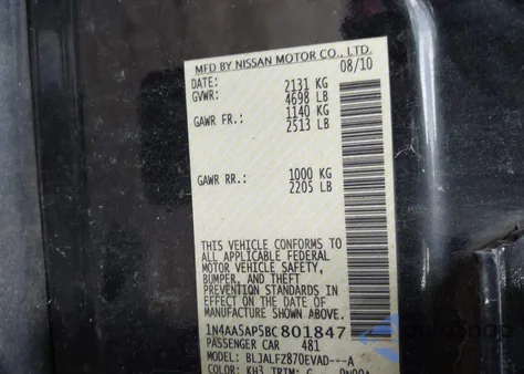 2011 Nissan Maxima 3.5 Sv z USA, uszkodzony, nr VIN 1N4AA5AP5BC801847